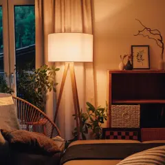 Lámpara de pie con luz blanco cálido ilumina un sillón acogedor y plantas. Estantería de madera con objetos decorativos y cestas.