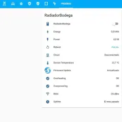 Interfaz de Home Assistant para configurar enchufe inteligente. Muestra detalles del "RadiadorBodega": energía, potencia, temperatura y estado.