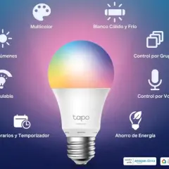 Bombilla inteligente multicolor con control por voz, grupos, horarios y ahorro de energía. Explora los tipos de bombillas inteligentes.