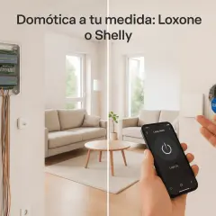 Control de iluminación domótica: instalación de módulos Shelly y Loxone, gestionados desde un smartphone en un salón moderno.