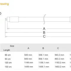 Dibujo dimensional de tubos fluorescentes LED. Tabla con medidas (A, B, C, D) para longitudes de 60, 90, 120 y 150 cm.