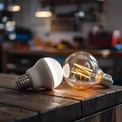 Bombilla LED moderna junto a una bombilla de filamento LED de estilo vintage.