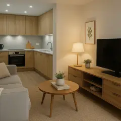 Un salón acogedor con sofá gris, mesa de centro de madera y cocina integrada. La **luz cálida** de la lámpara crea un ambiente hogareño.