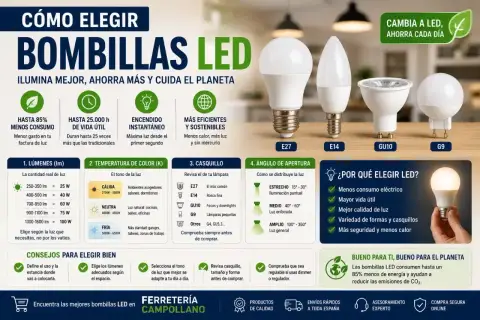 Guía para elegir bombillas LED: potencia, lúmenes, temperatura de color y casquillos. Ahorra energía y cuida el planeta.