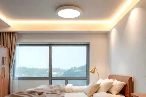 Luz cálida ilumina la habitación, destacando las lámparas de techo blancas y el ambiente acogedor.