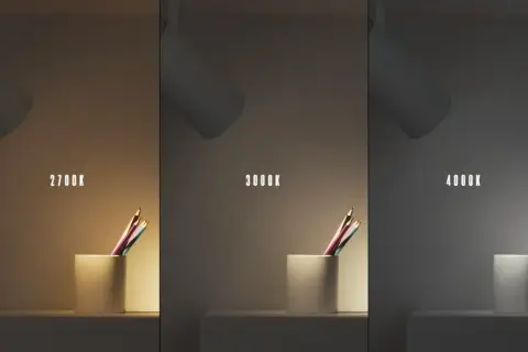 Tres imágenes de un foco de lectura iluminando lápices. La luz varía de cálida (2700K) a neutra (3000K) y fría (4000K).