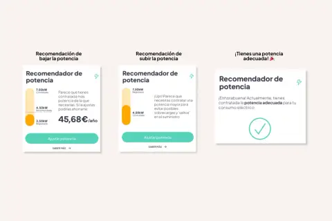 Recomendaciones para ajustar la potencia eléctrica: bajarla, subirla o confirmarla como adecuada.