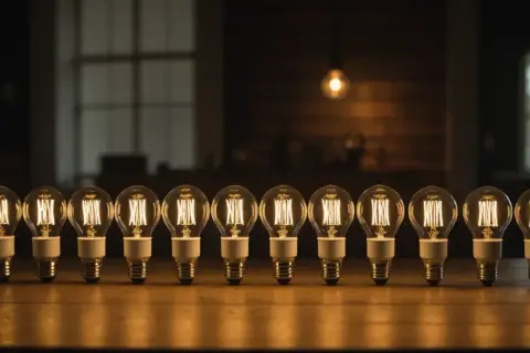 Una fila de bombillas gu10 vintage iluminadas, con un ambiente cálido y acogedor.