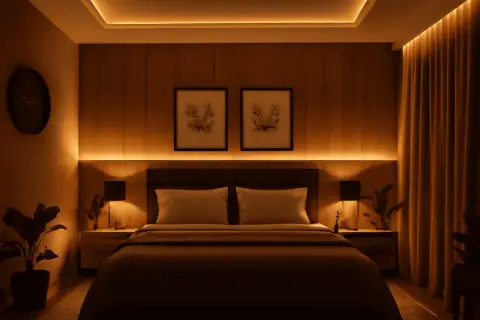 Habitación acogedora con luz cálida, ideal para saber qué color de luz es mejor para dormir.