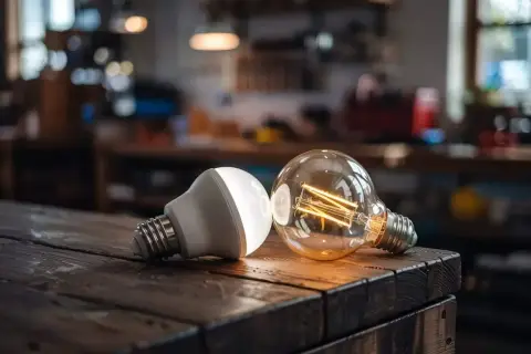 Bombilla LED moderna junto a una bombilla de filamento LED de estilo vintage.