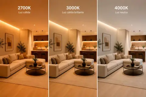 Tres ambientes de salón con diferente temperatura de luces: cálida, cálida brillante y neutra.