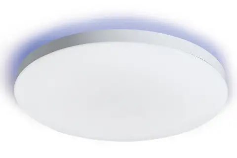 Luminaria redonda blanca con luz azul tenue en el borde, como un plafon estrella.