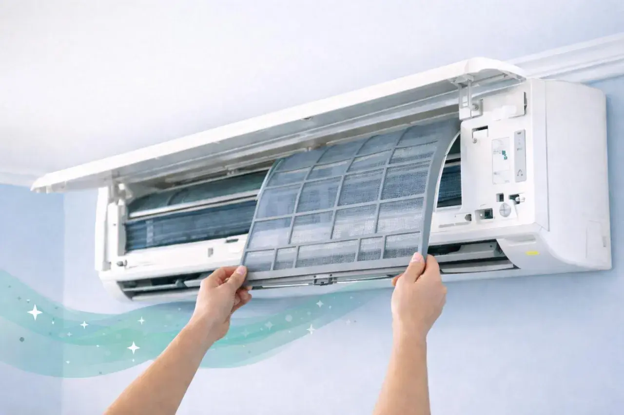 Manos retirando filtro de aire acondicionado para limpiarlo y disfrutar de aire fresco y puro.
