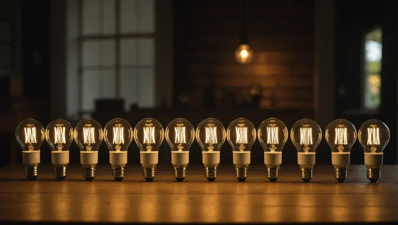 Una fila de bombillas gu10 vintage iluminadas, con un ambiente cálido y acogedor.