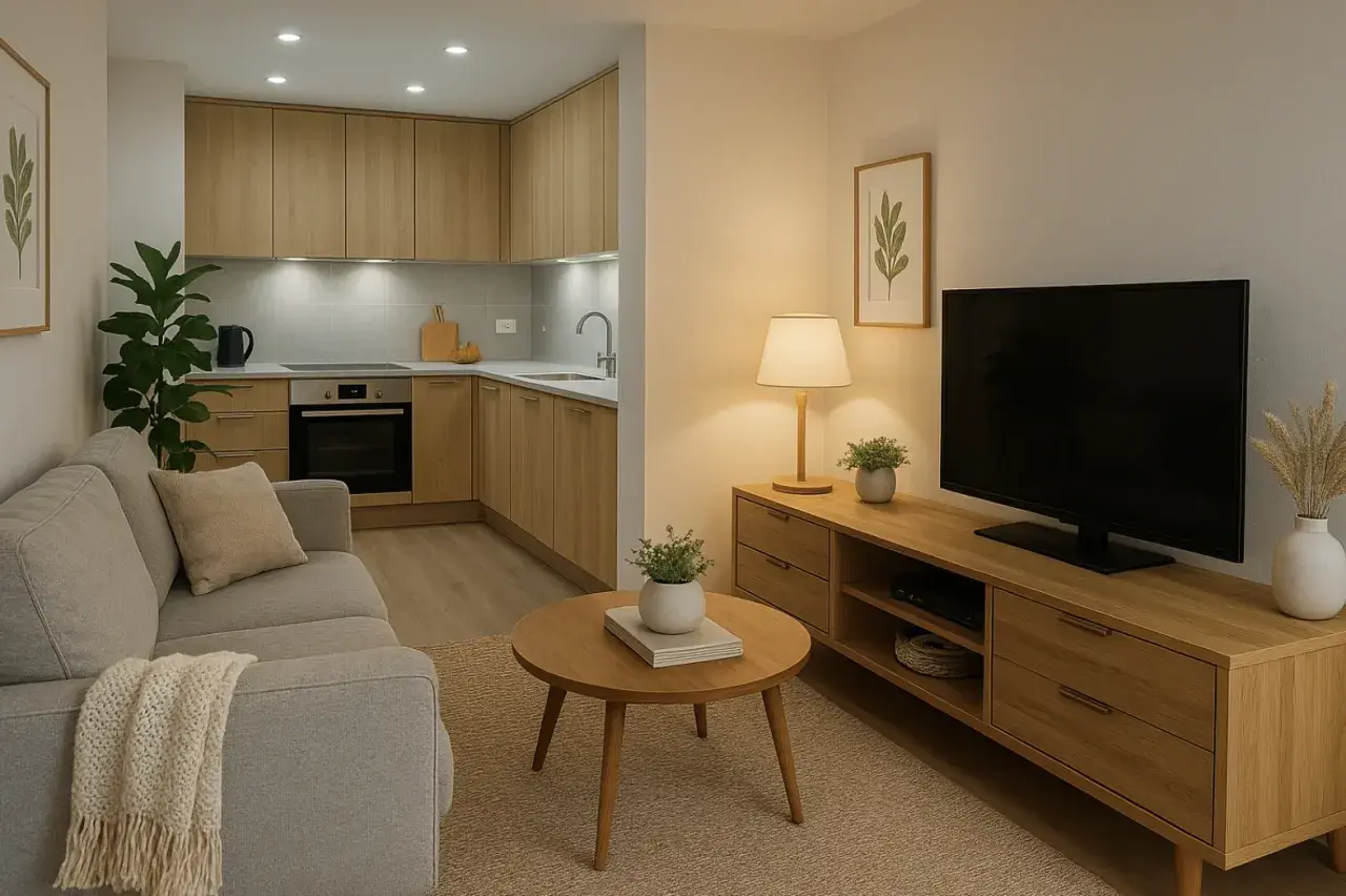 Un salón acogedor con sofá gris, mesa de centro de madera y cocina integrada. La **luz cálida** de la lámpara crea un ambiente hogareño.