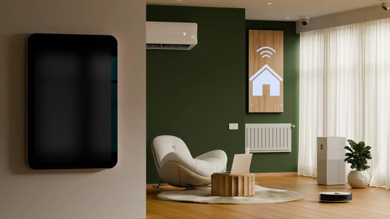 Un hogar moderno con domótica: pantalla táctil, aire acondicionado, purificador y robot aspirador.